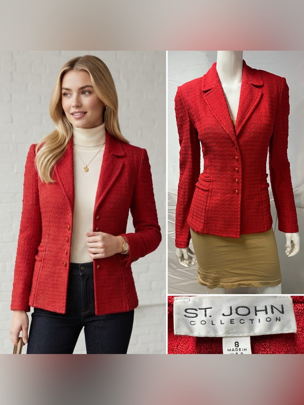 St. John Collection Women’s 8 Red Coral Wool Knit Blazer Jacket Vintage
